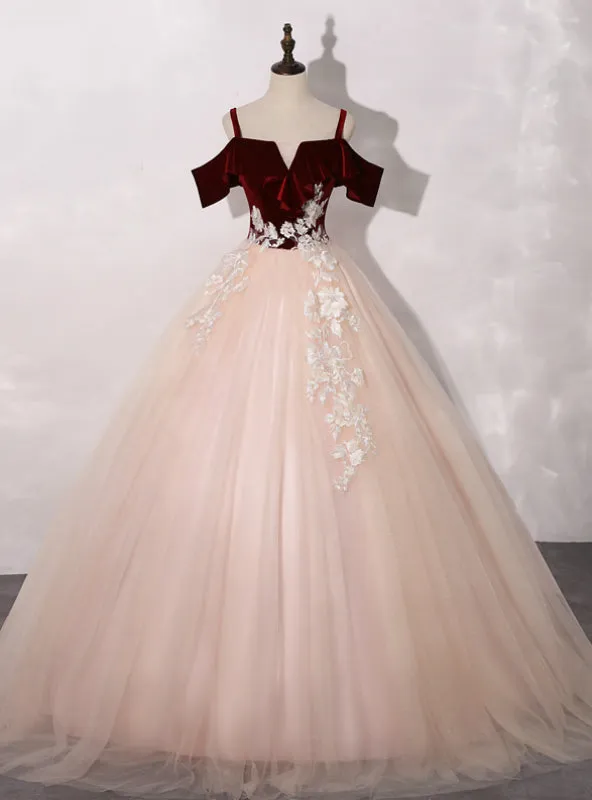 Find Your Dresses For Prom! Burgundy Velvet Pink Tulle Spagehtti Straps Appliques Quinceanera Dresses