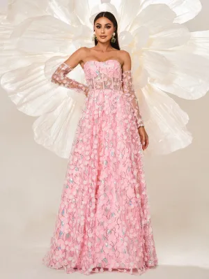 Floral Appliqued Strapless A-line Dress GM00549