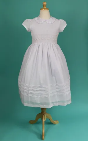 Flower Girl Dress, White Smocked Girl Dresses,  Cotton Fabric  Completely lining, add petticoat and Headpiece