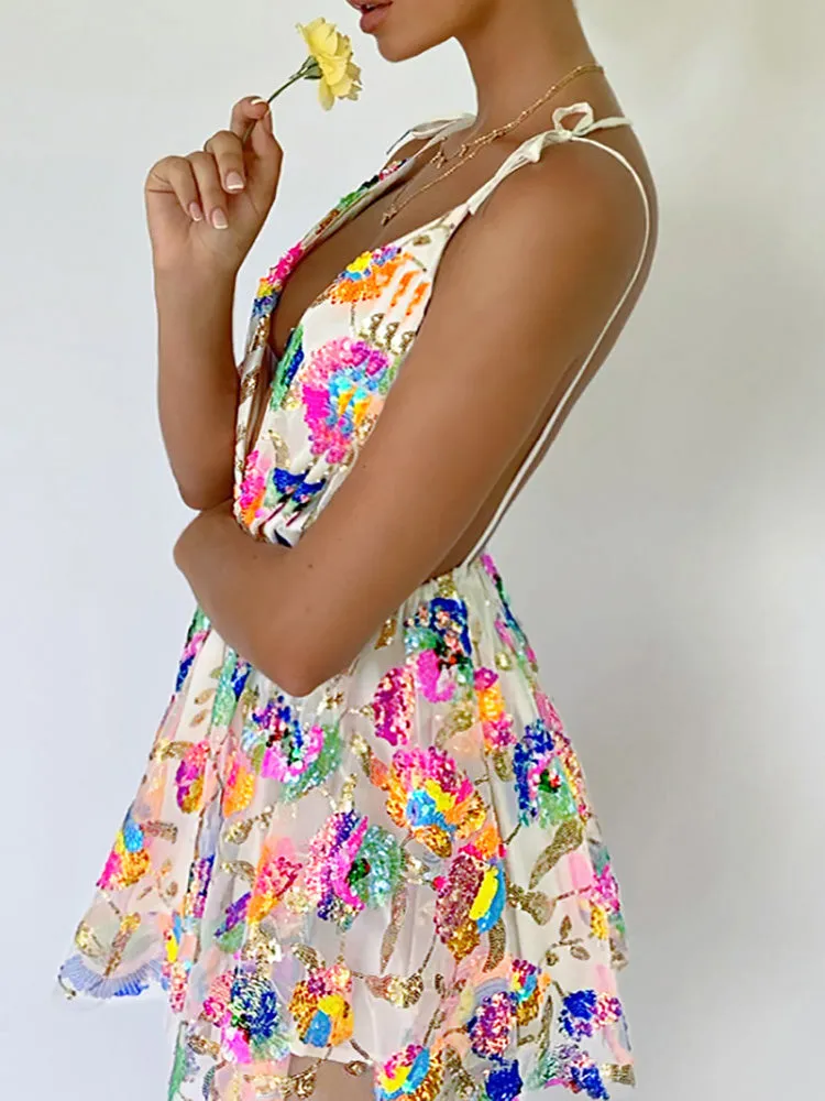 Flowers Sequin Short Tulle Cocktail Dress Pink Slip Deep V Neck Backless