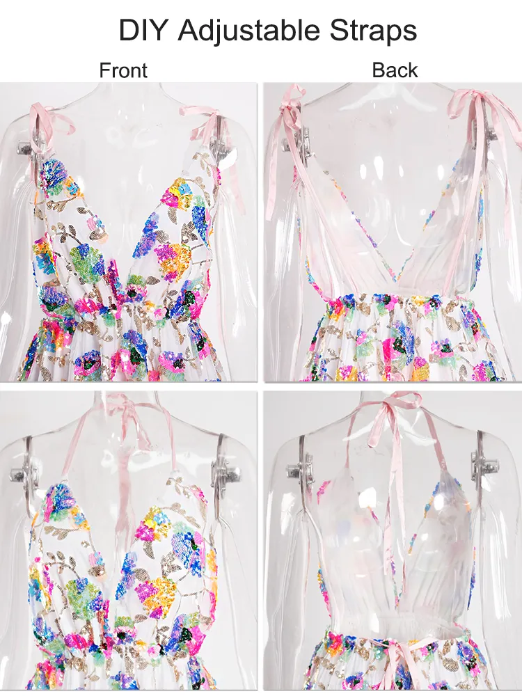 Flowers Sequin Short Tulle Cocktail Dress Pink Slip Deep V Neck Backless