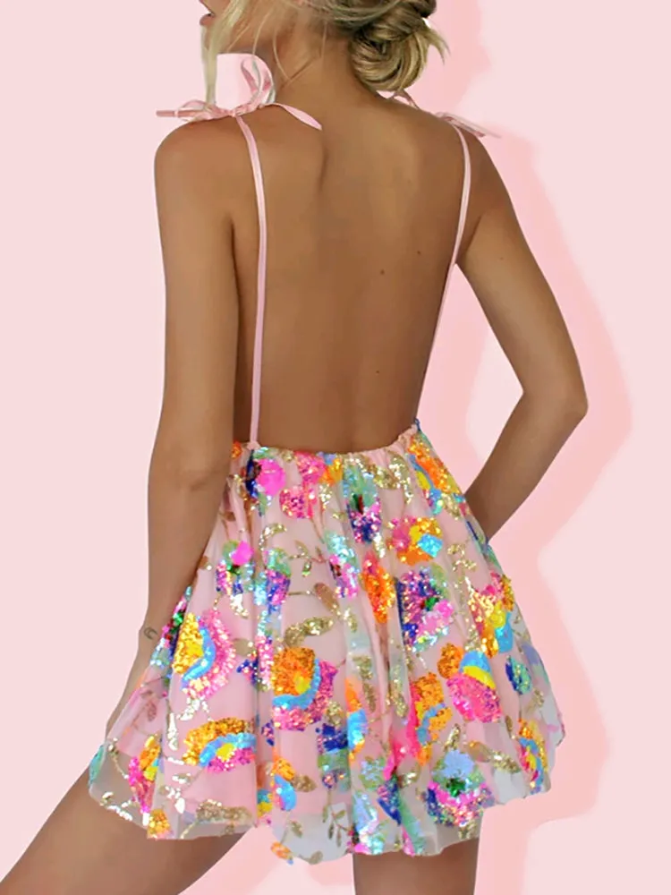 Flowers Sequin Short Tulle Cocktail Dress Pink Slip Deep V Neck Backless