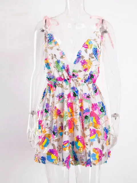 Flowers Sequin Short Tulle Cocktail Dress Pink Slip Deep V Neck Backless