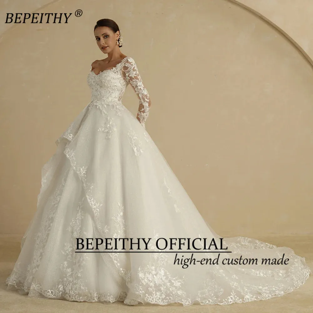 Glitter Ivory Ball Gown Wedding Dresses Full Sleeves For Women