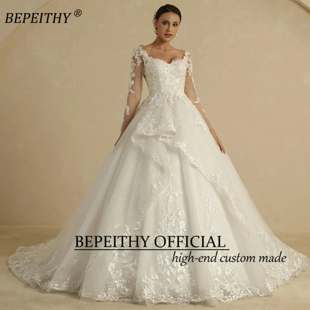 Glitter Ivory Ball Gown Wedding Dresses Full Sleeves For Women