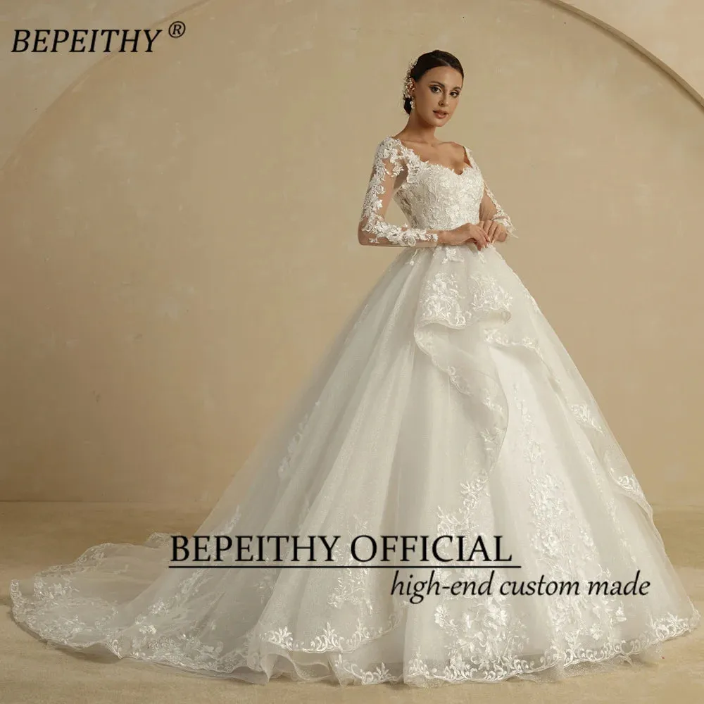Glitter Ivory Ball Gown Wedding Dresses Full Sleeves For Women