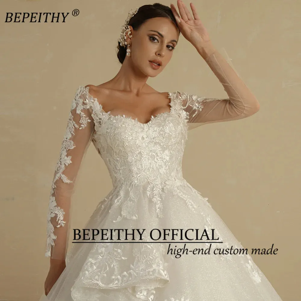 Glitter Ivory Ball Gown Wedding Dresses Full Sleeves For Women