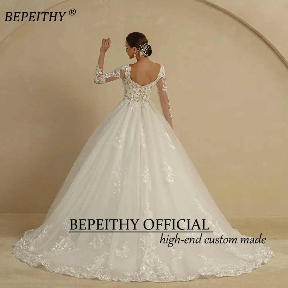 Glitter Ivory Ball Gown Wedding Dresses Full Sleeves For Women