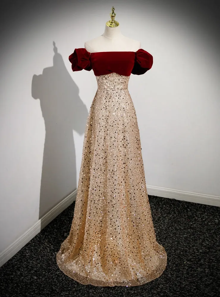 Gold Sequins Velvet Off the Shoulder Prom Dresses