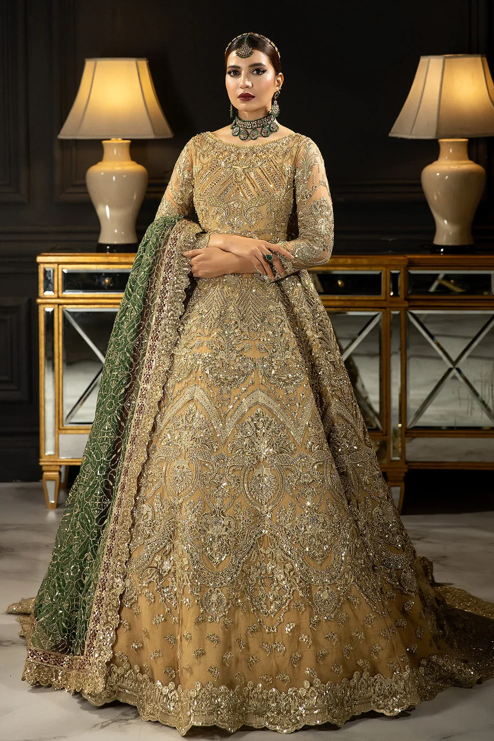 Gold Shade Embroidered Pakistani Wedding Dress in Pishwas Frock Style