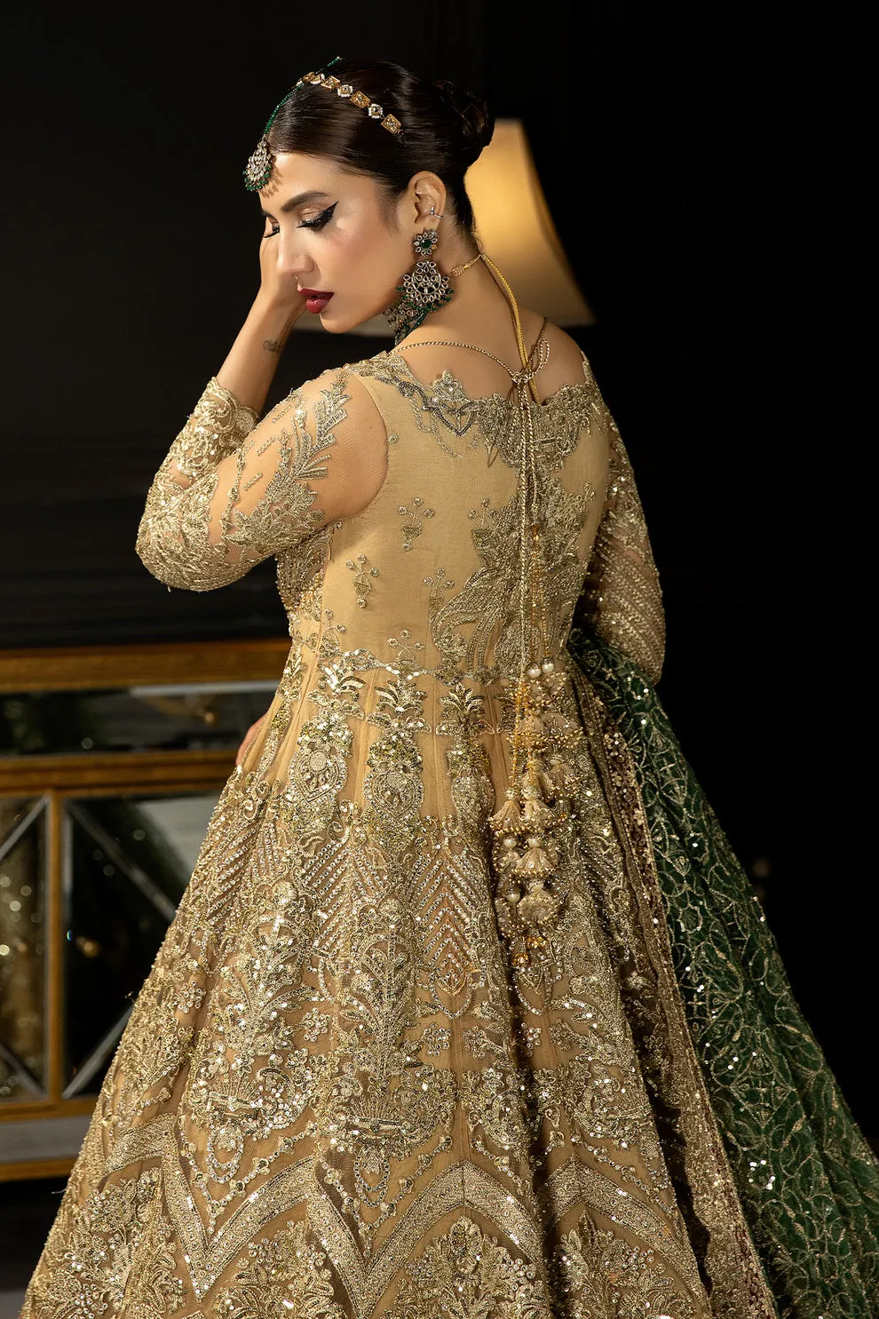 Gold Shade Embroidered Pakistani Wedding Dress in Pishwas Frock Style