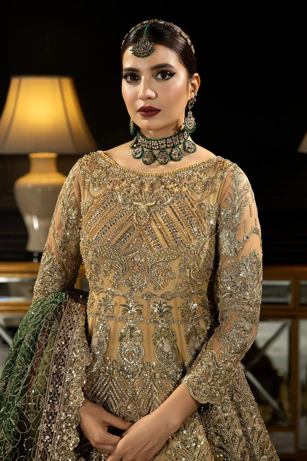 Gold Shade Embroidered Pakistani Wedding Dress in Pishwas Frock Style