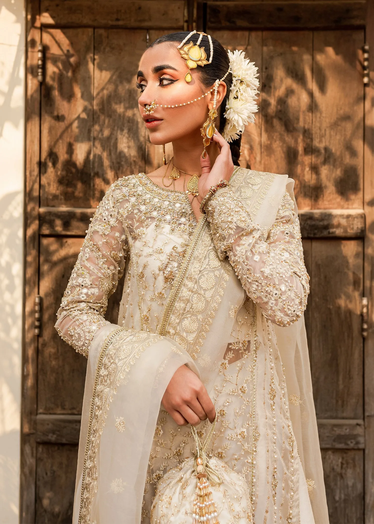 Gold Shirt Sharara Bride for Pakistani Wedding Dresses