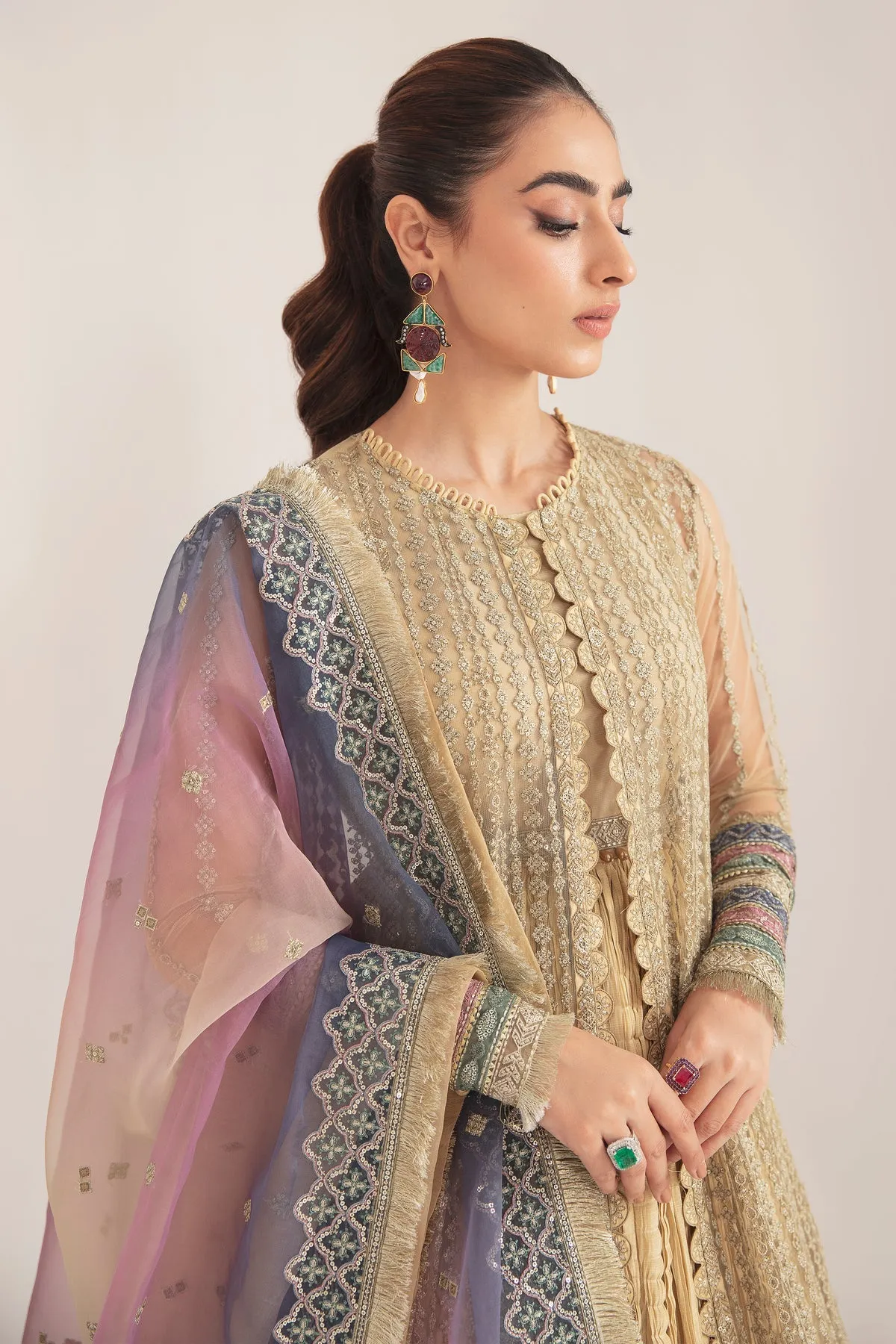 Golden Heavily Embroidered Pakistani Huge Flared Frock with Dupatta