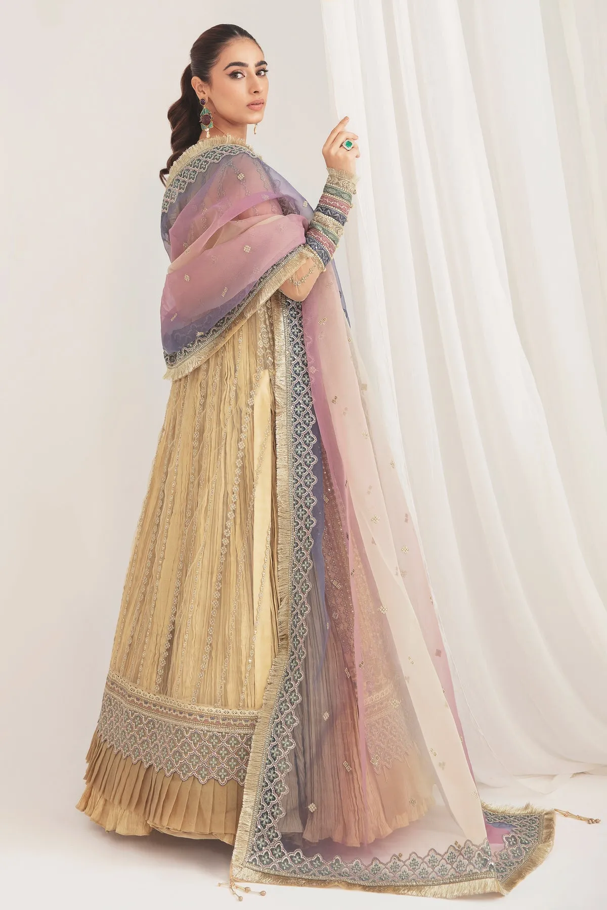 Golden Heavily Embroidered Pakistani Huge Flared Frock with Dupatta