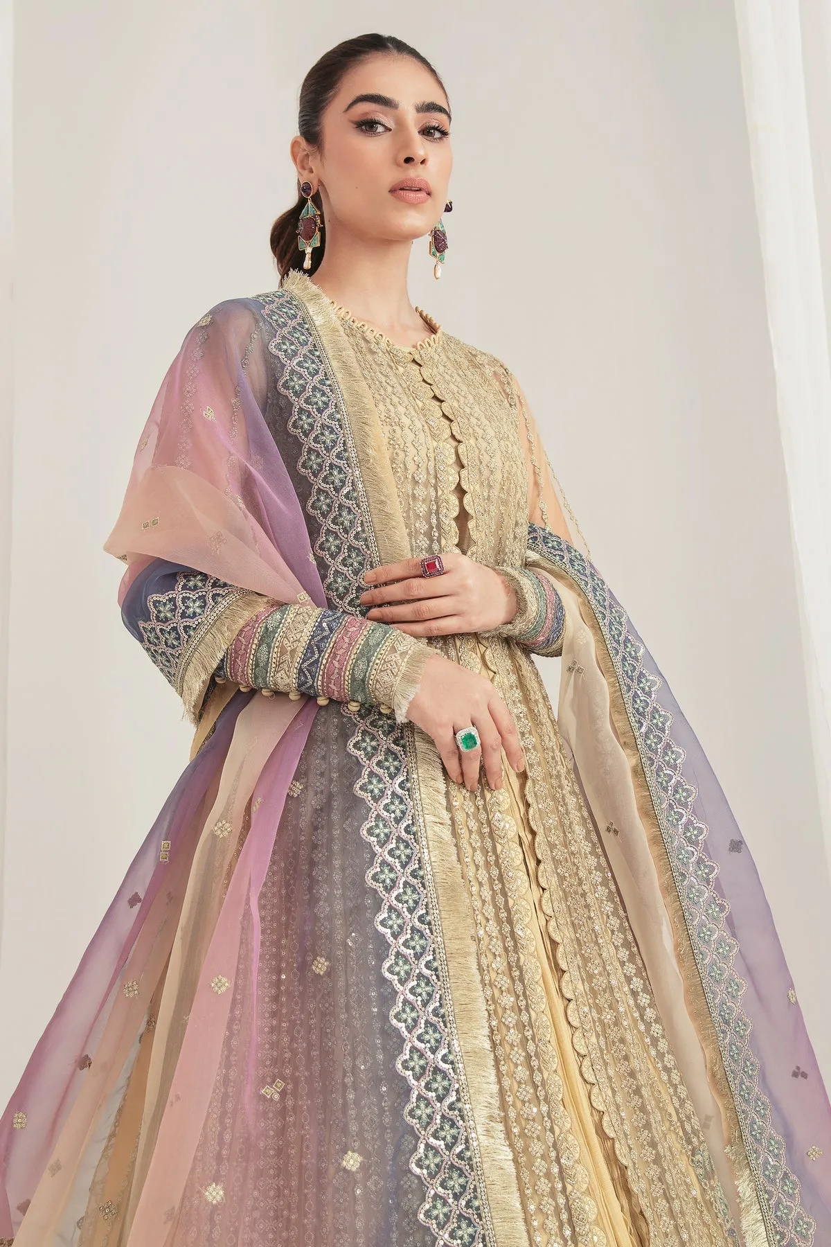 Golden Heavily Embroidered Pakistani Huge Flared Frock with Dupatta
