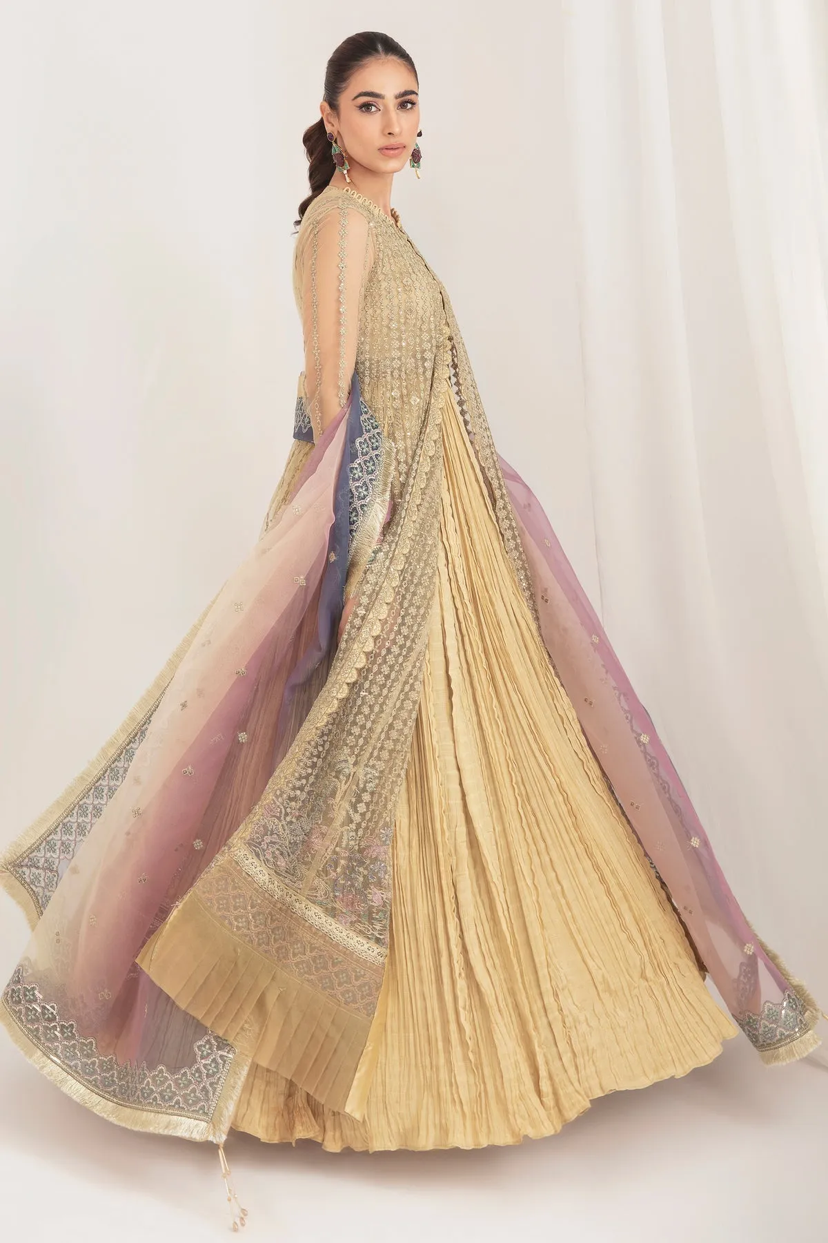 Golden Heavily Embroidered Pakistani Huge Flared Frock with Dupatta