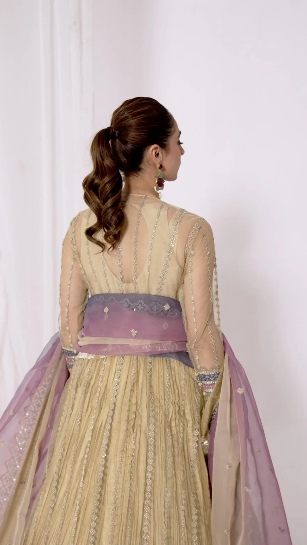 Golden Heavily Embroidered Pakistani Huge Flared Frock with Dupatta