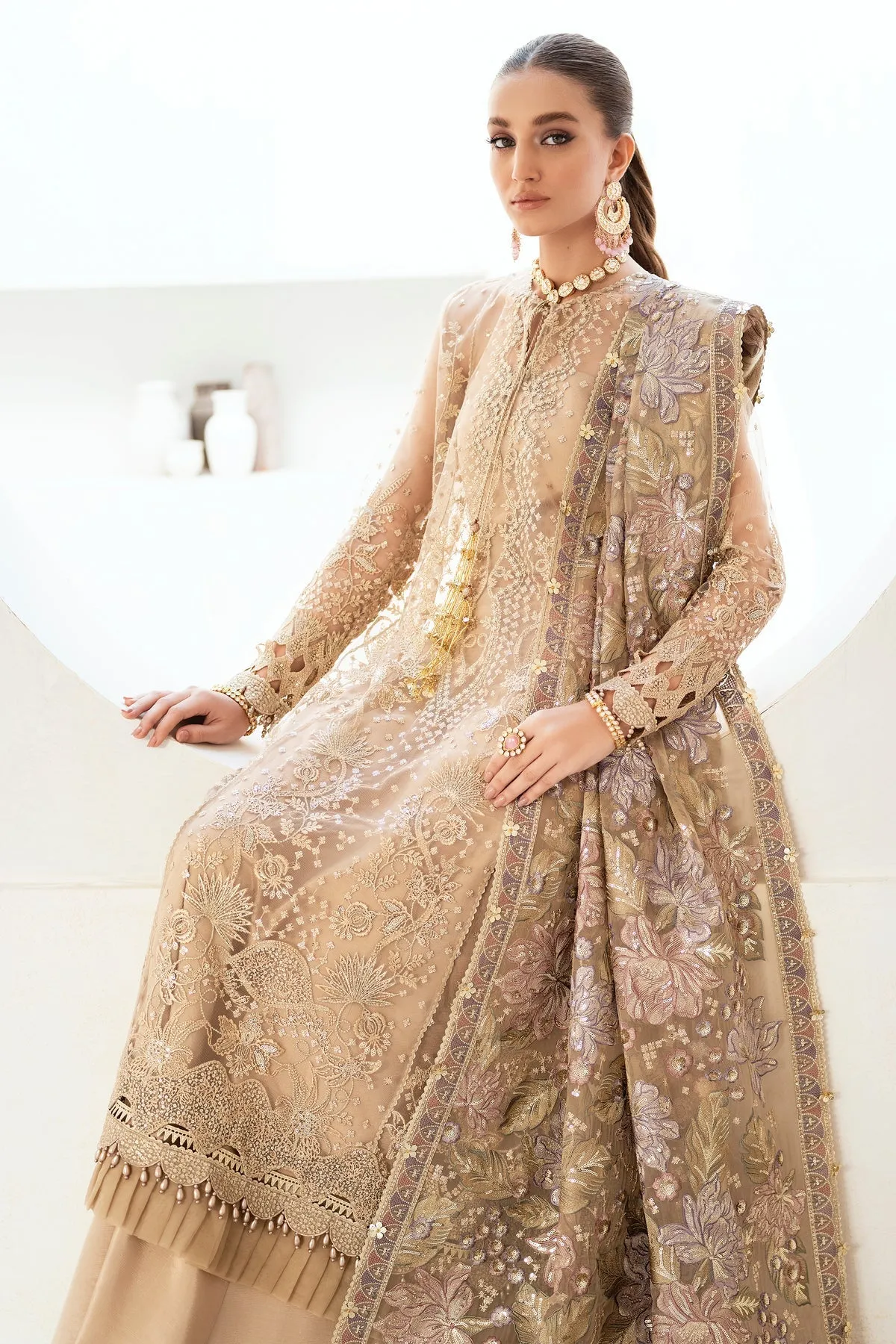 Golden Peach Heavily Embroidered Pakistani Salwar Kameez with Dupatta