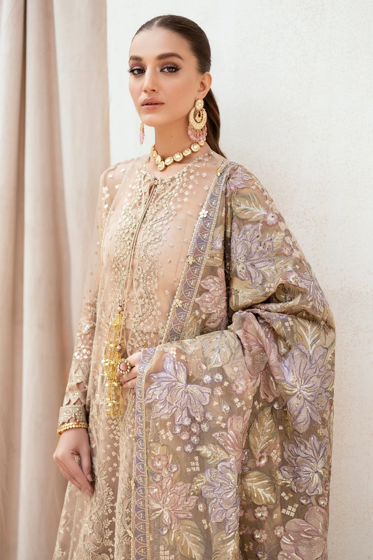 Golden Peach Heavily Embroidered Pakistani Salwar Kameez with Dupatta