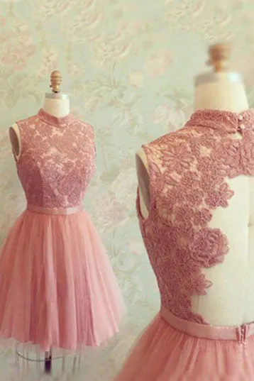 Gorgeous A-line High neck Pink Lace Appliques Short Tulle New Homecoming Dress OK333