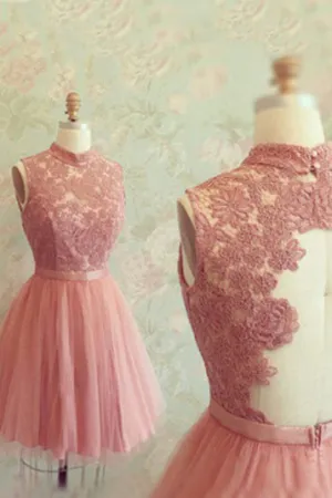 Gorgeous A-line High neck Pink Lace Appliques Short Tulle New Homecoming Dress OK333