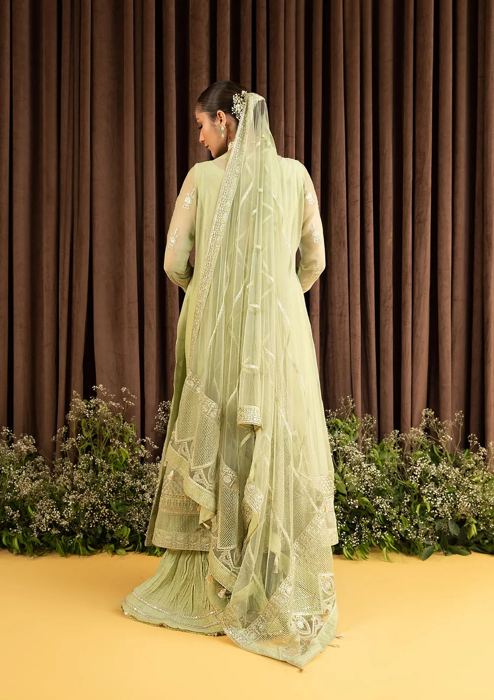Green Embroidered Kameez Crushed Sharara Pakistani Party Dress