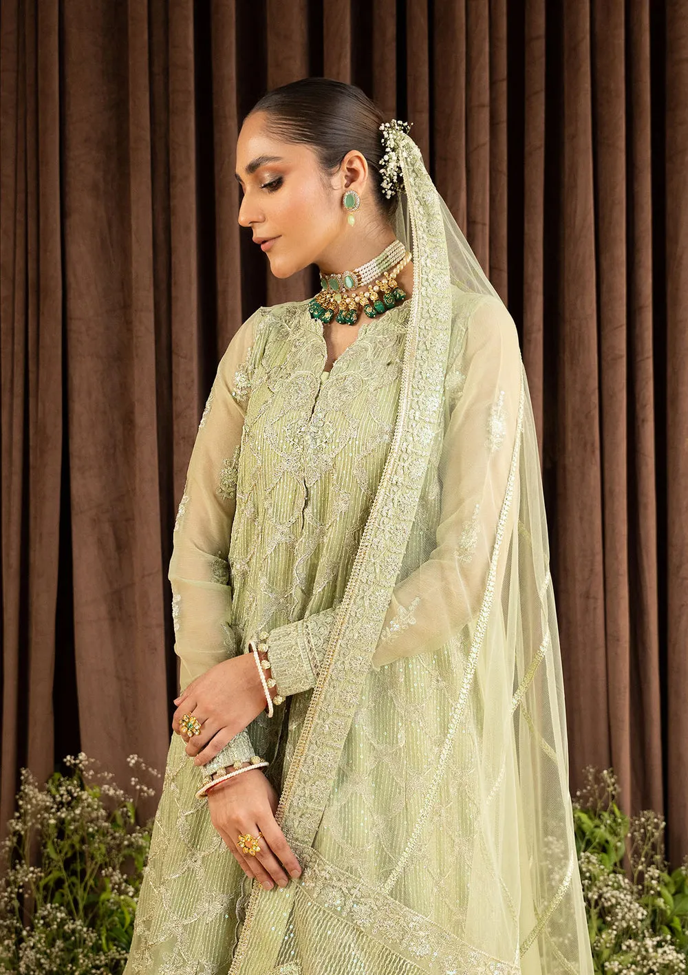 Green Embroidered Kameez Crushed Sharara Pakistani Party Dress