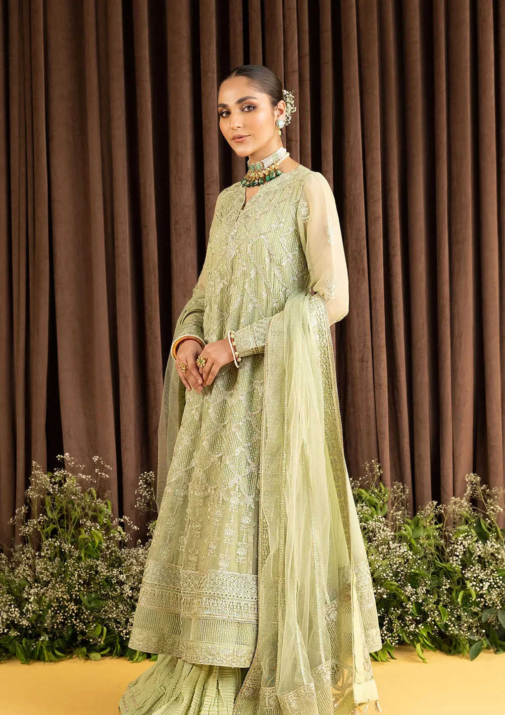 Green Embroidered Kameez Crushed Sharara Pakistani Party Dress