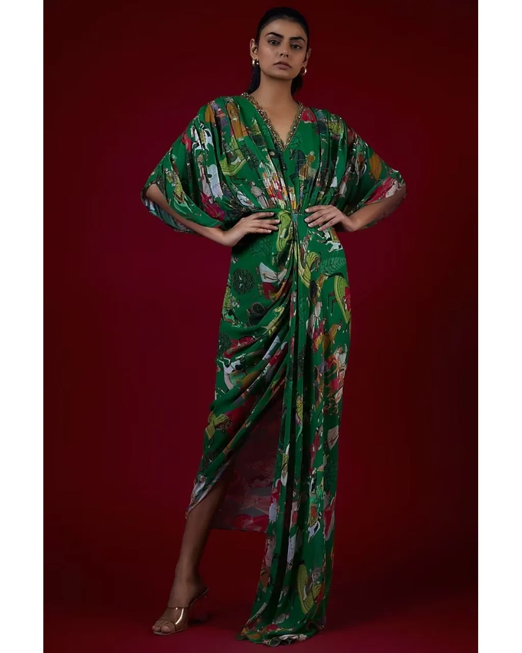 Green Printed Drape Dress