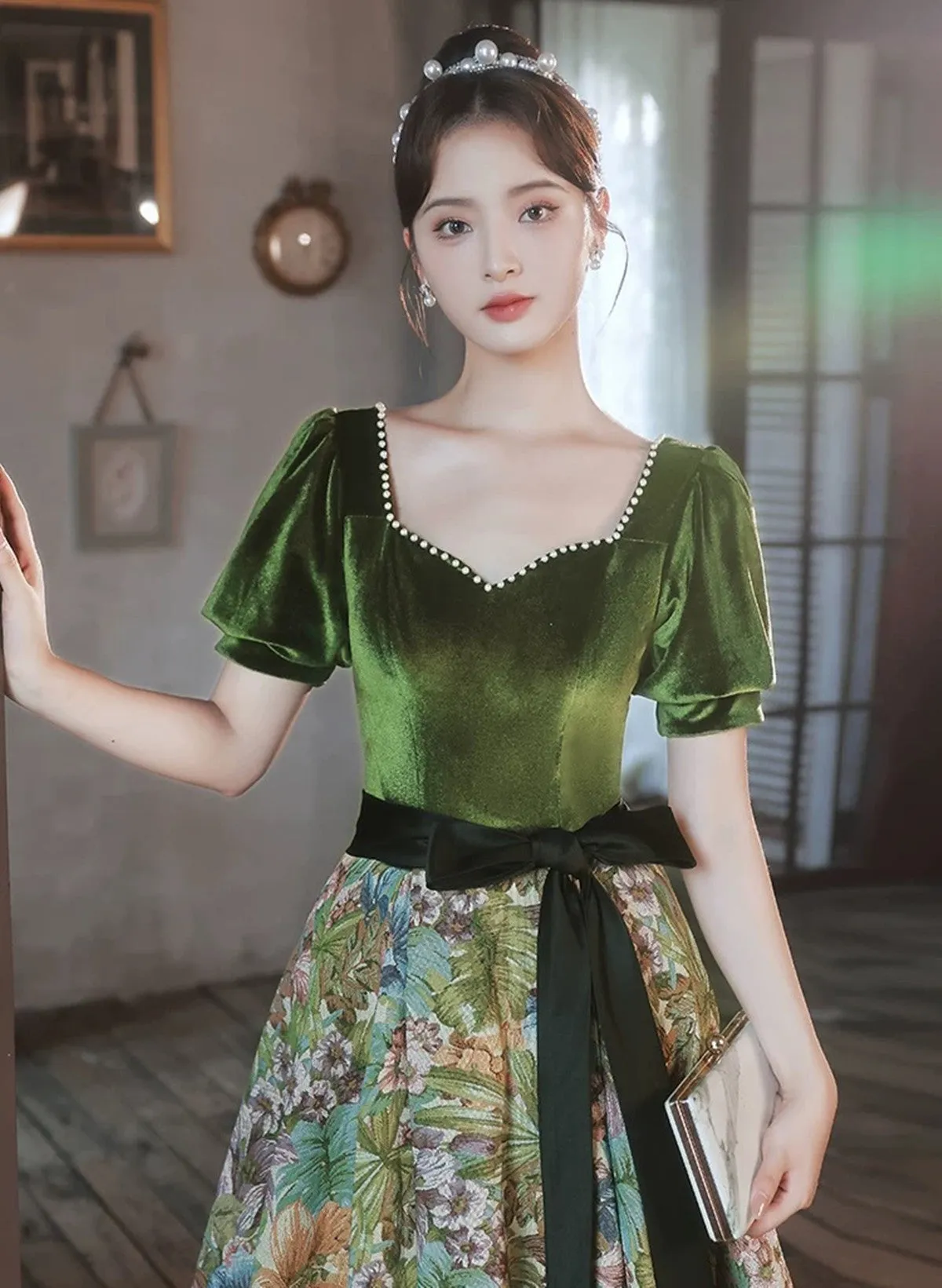 Green Velvet Floral Short Sleeves Long Prom Dresses, Green Sweetheart Party Dresses
