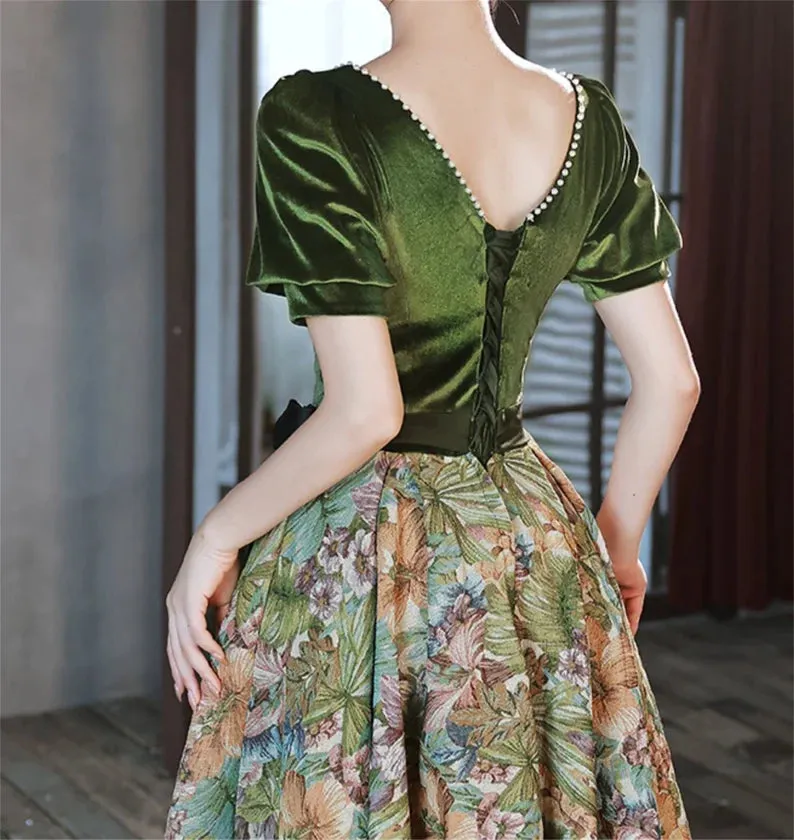 Green Velvet Floral Short Sleeves Long Prom Dresses, Green Sweetheart Party Dresses