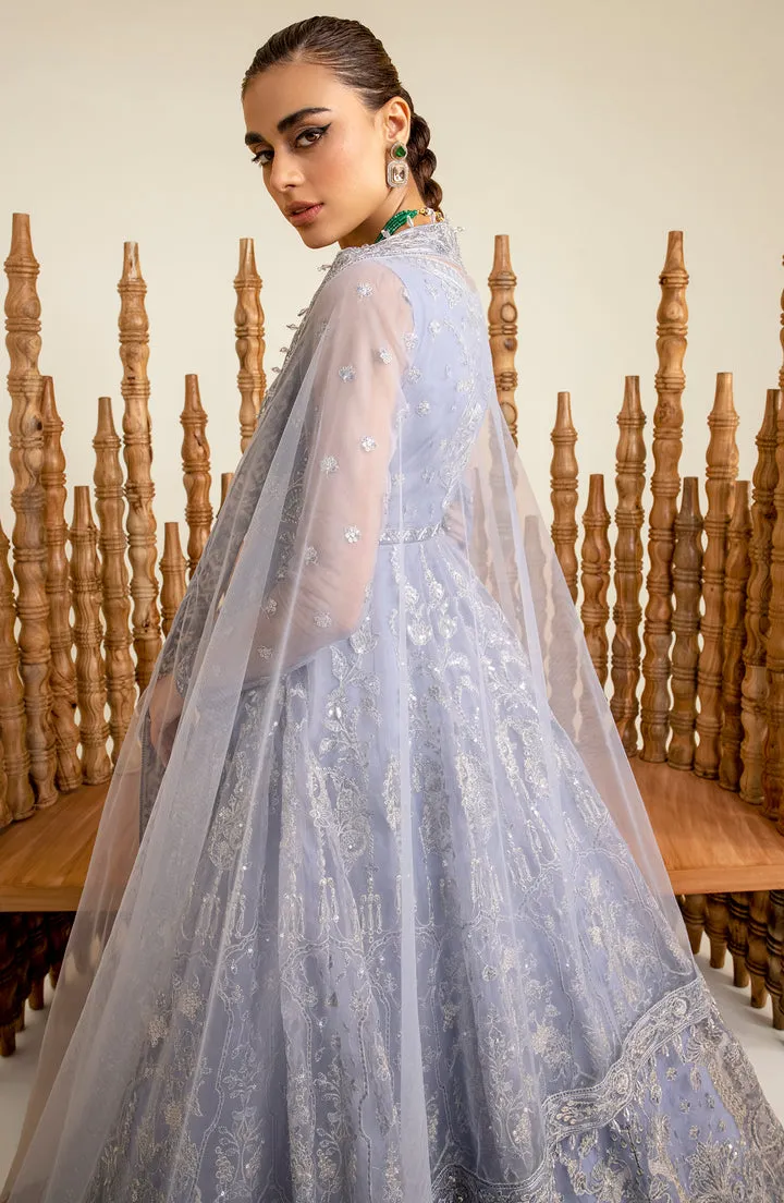 Grey Blue Embroidered Pakistani Wedding Dress in Pishwas Frock Style