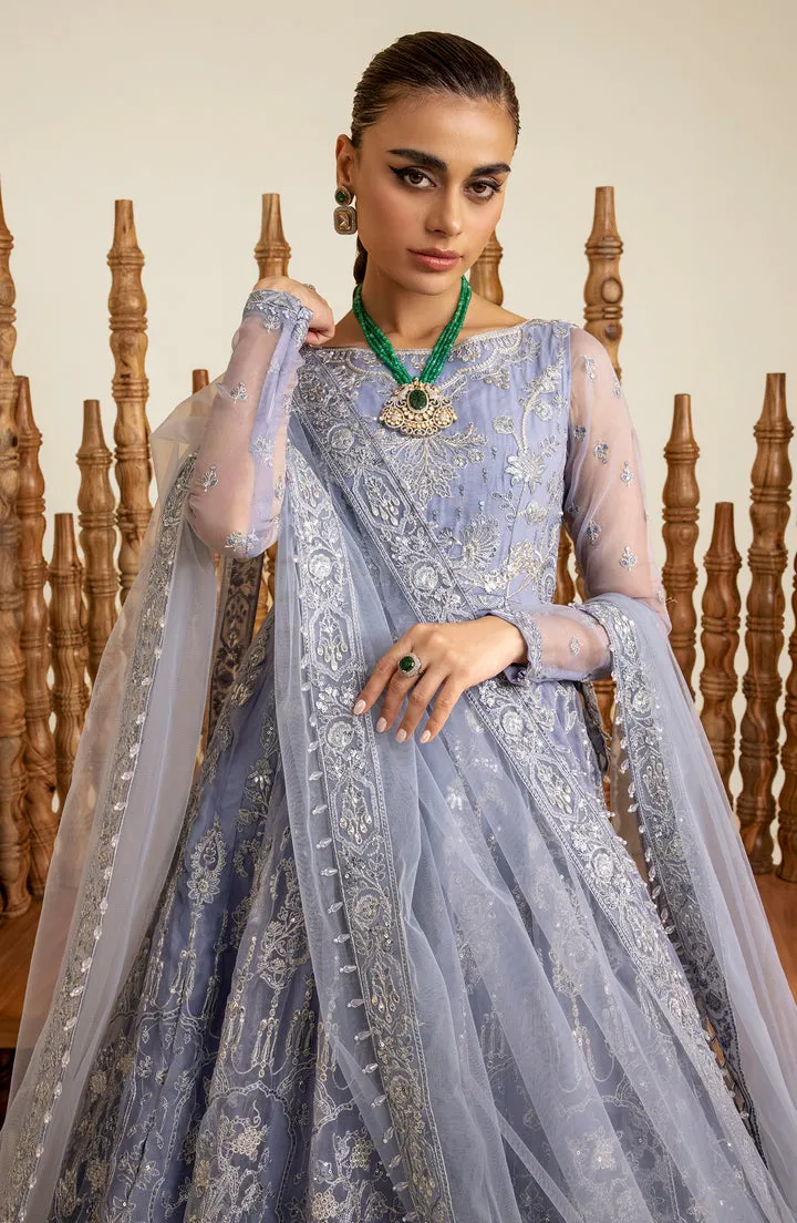 Grey Blue Embroidered Pakistani Wedding Dress in Pishwas Frock Style