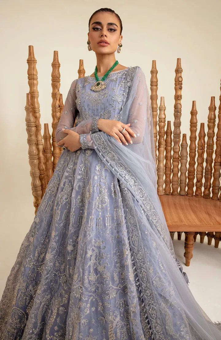Grey Blue Embroidered Pakistani Wedding Dress in Pishwas Frock Style