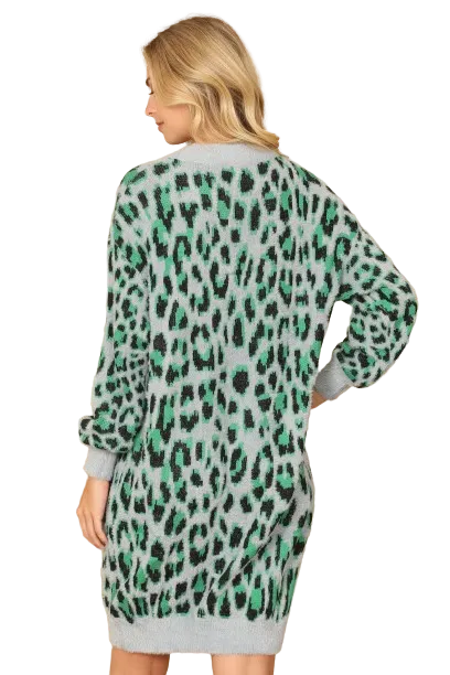 Grey Green Long Sleeve Leopard Knitted Dress - Pack of 6