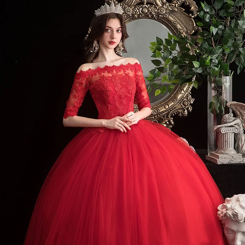 Half-sleeve Red Wedding Dress Lace Up Bride Plus Size Wedding Dresses