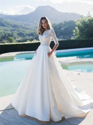 Half Sleeves A-Line Wedding Dresses Satin Bridal Gowns Garden