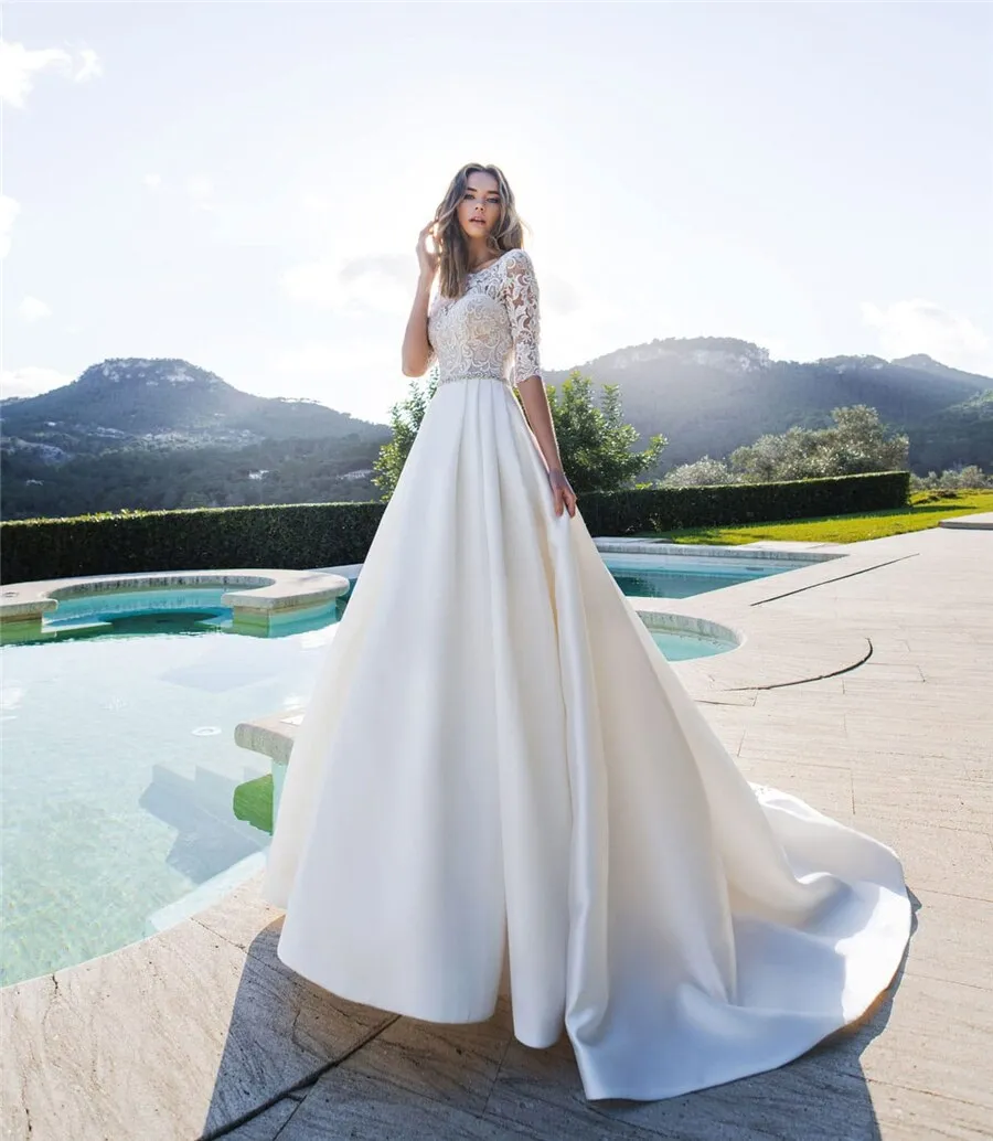 Half Sleeves A-Line Wedding Dresses Satin Bridal Gowns Garden