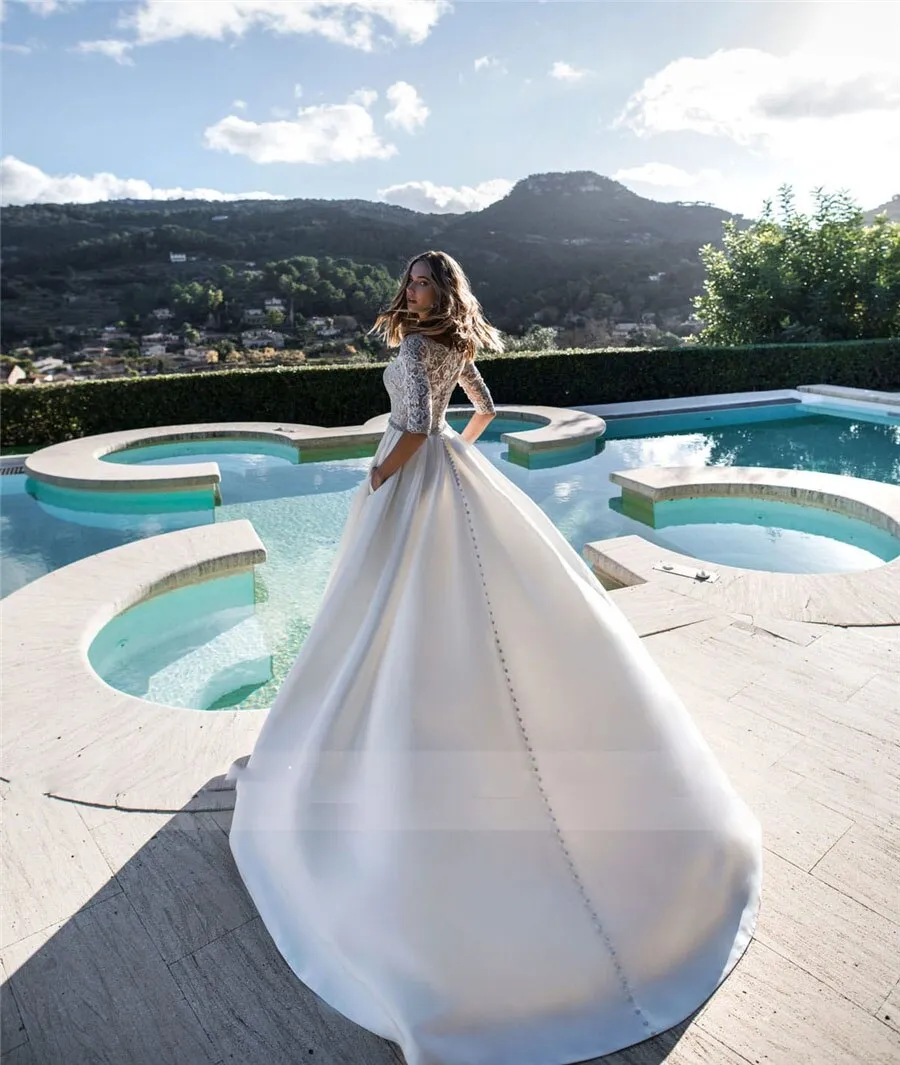 Half Sleeves A-Line Wedding Dresses Satin Bridal Gowns Garden