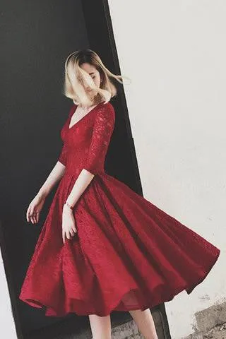 Half Sleeves Burgundy Lace V Neck Short Homecoming Dress,Elegant Prom Dress OK297