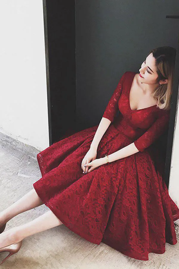 Half Sleeves Burgundy Lace V Neck Short Homecoming Dress,Elegant Prom Dress OK297