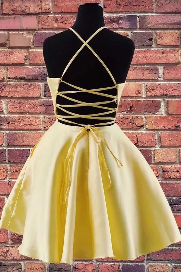 Halter Embroidered Yellow Satin Homecoming Dress with Pockets  HD0059