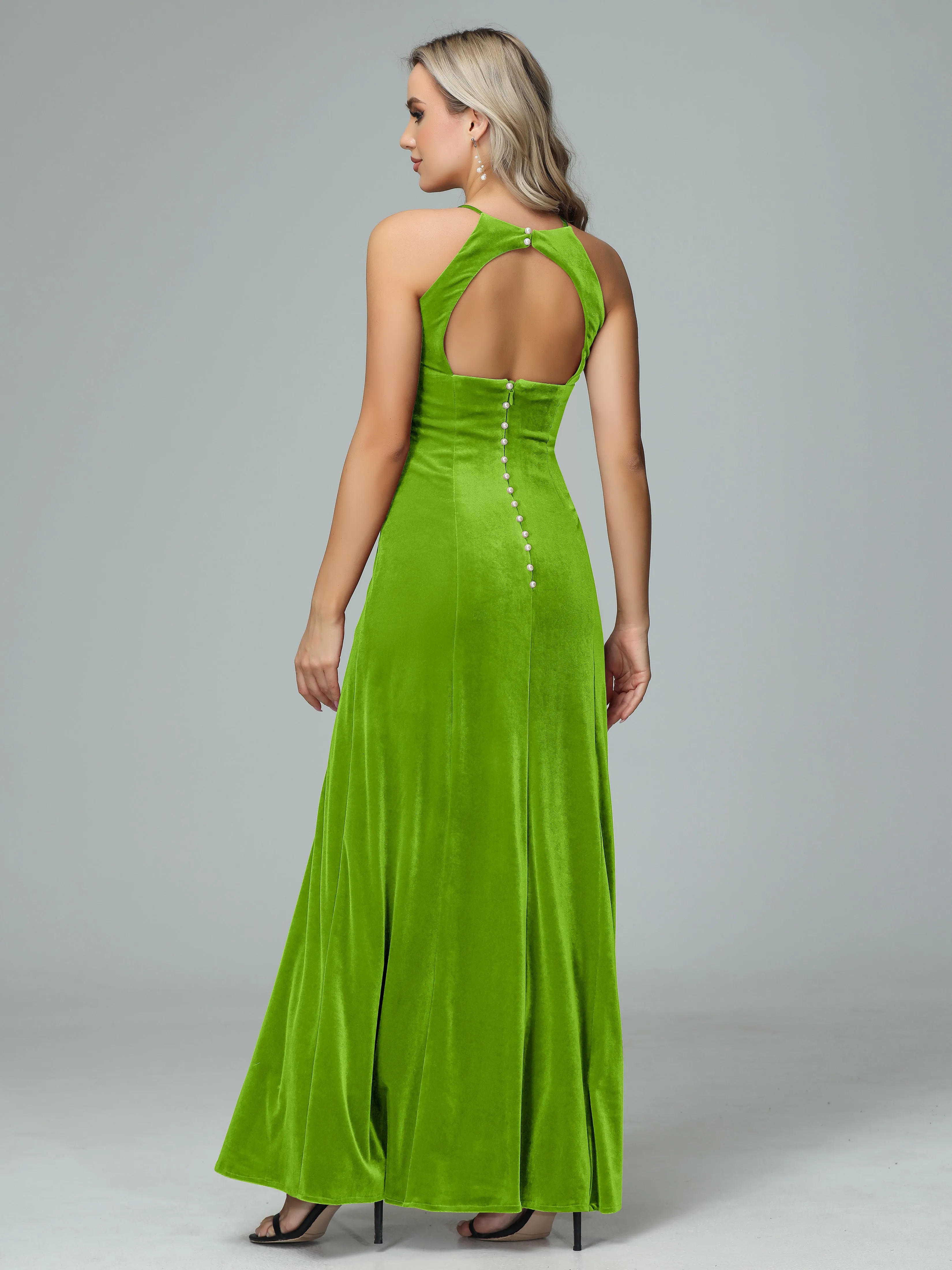 Halter Sleeveless Velvet Bridesmaid Dresses with Slit