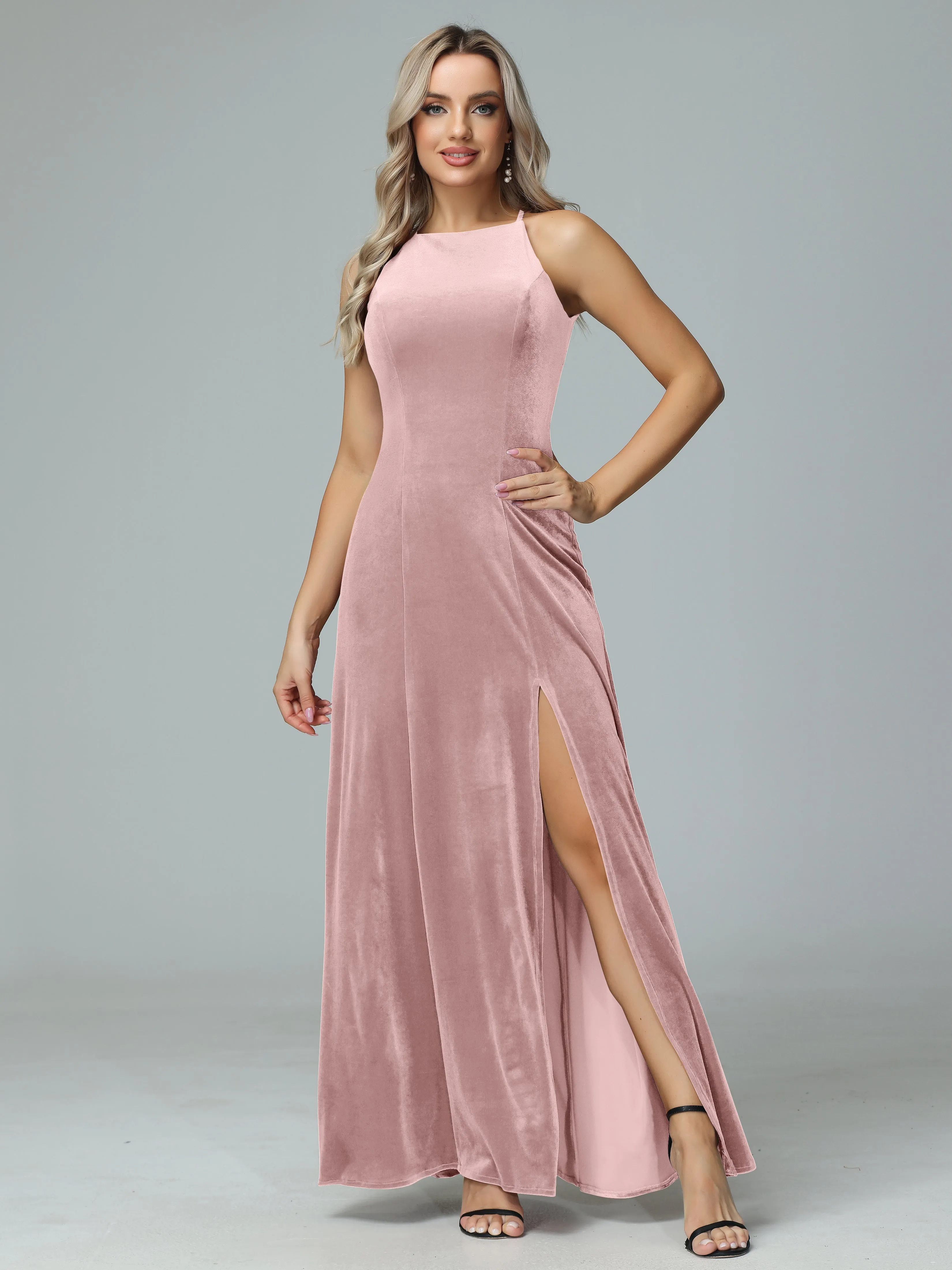 Halter Sleeveless Velvet Bridesmaid Dresses with Slit