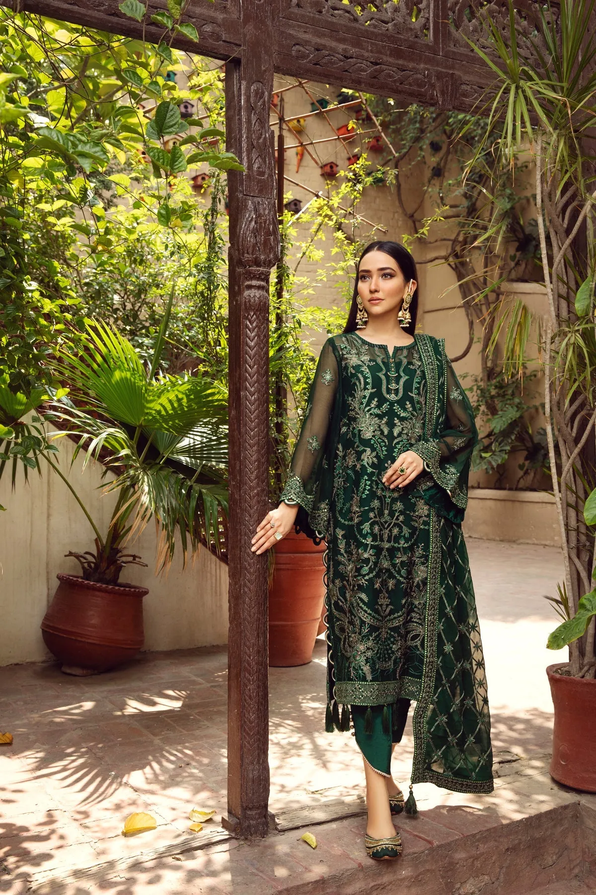 Heavily Embellished Bottle Green Kameez Dupatta Wedding Dress