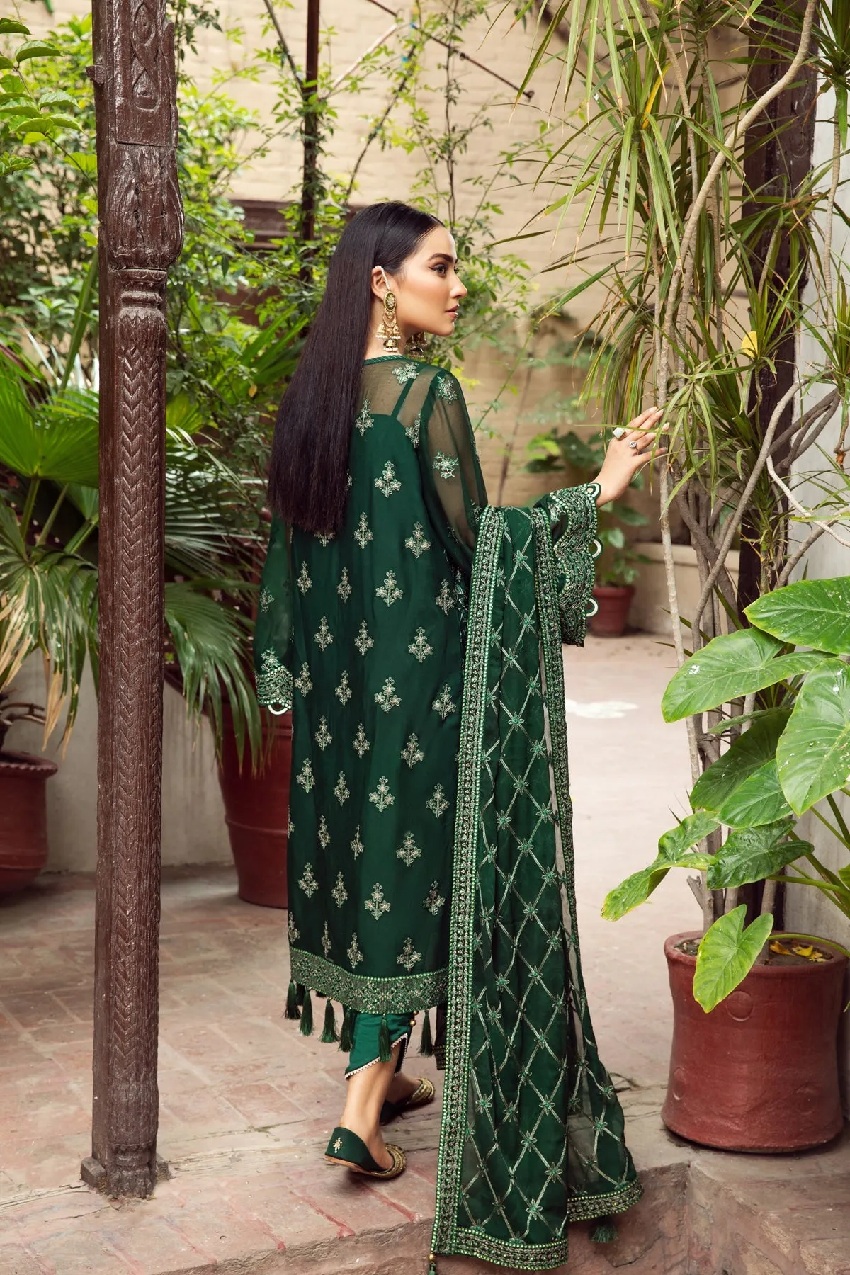 Heavily Embellished Bottle Green Kameez Dupatta Wedding Dress