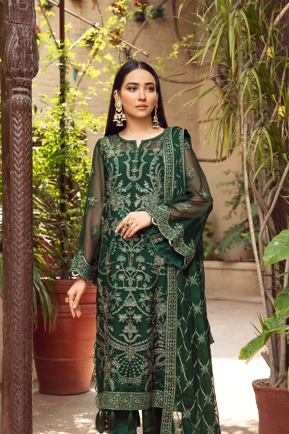 Heavily Embellished Bottle Green Kameez Dupatta Wedding Dress
