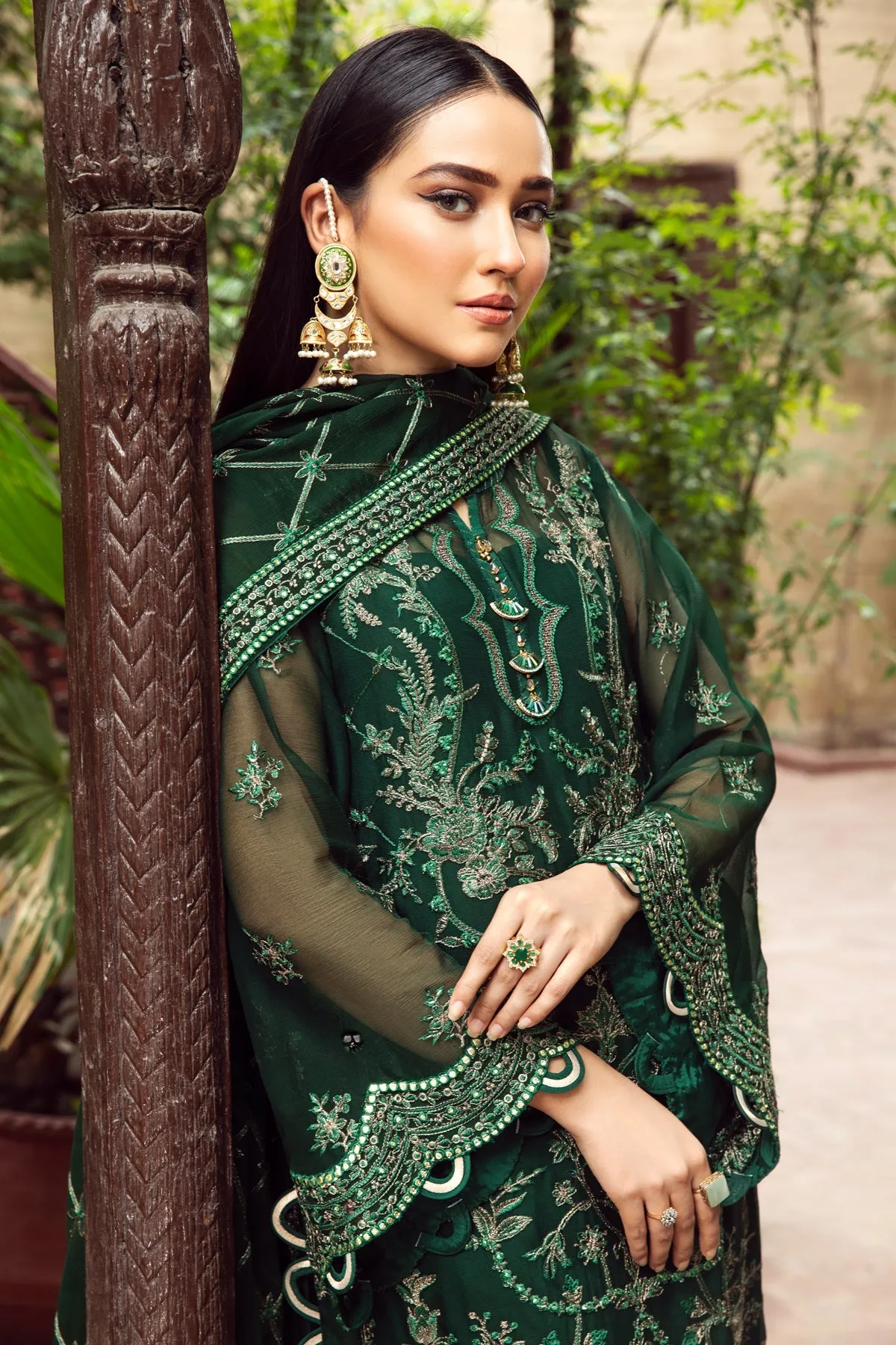Heavily Embellished Bottle Green Kameez Dupatta Wedding Dress