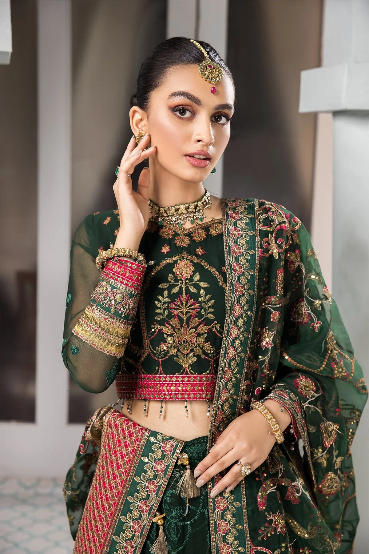 Heavily Embellished Bottle Green Pakistani Pishwas Wedding Dress